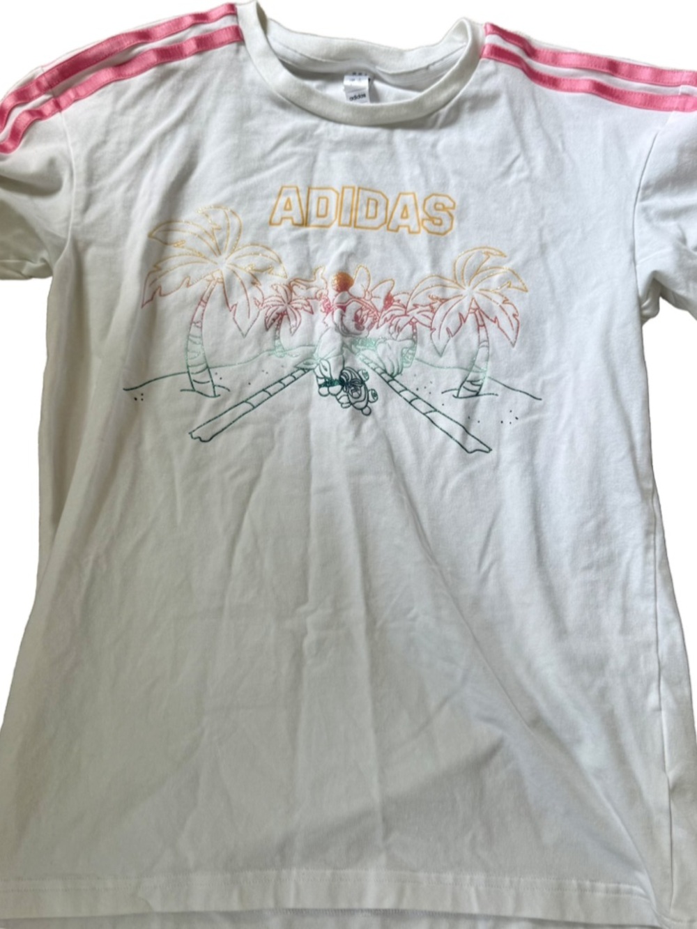 adidas x Disney White Tee with Pink Stripes and Minnie Mouse Palm Graphic